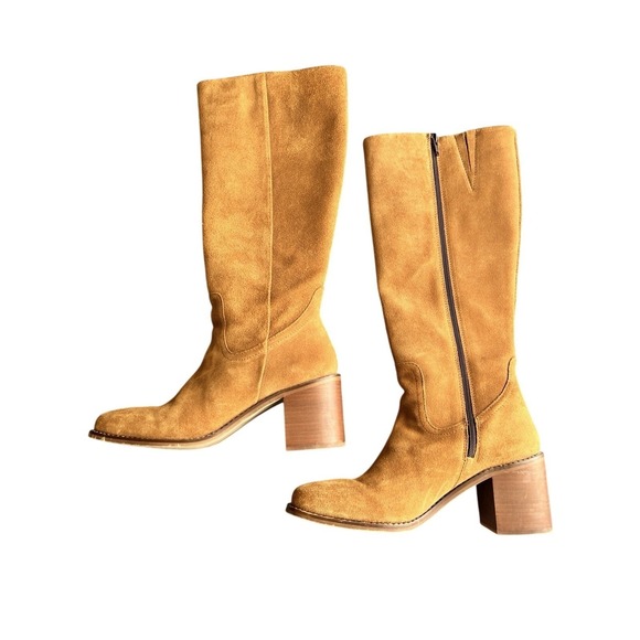 Women's Brown Suede Leather Campus Block Heel Tall Zip Up Square Toe Boots 9.5 - Picture 2 of 12